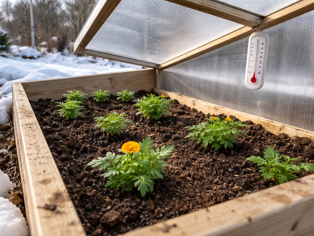 Marigold plants inside a cold frame protecting them from winter cold