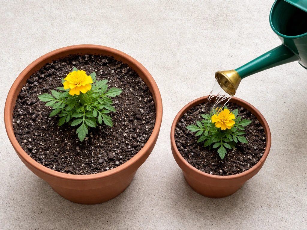Side-by-side marigolds showing how pot size affects winter soil moisture