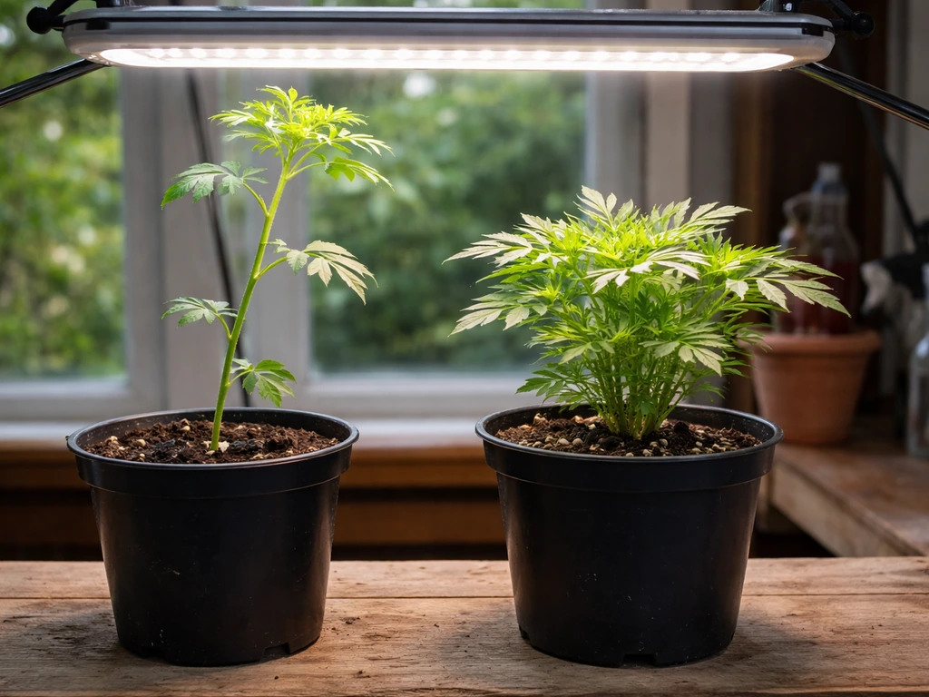 Leggy winter marigold compared with a corrected, shorter plant after fixing light