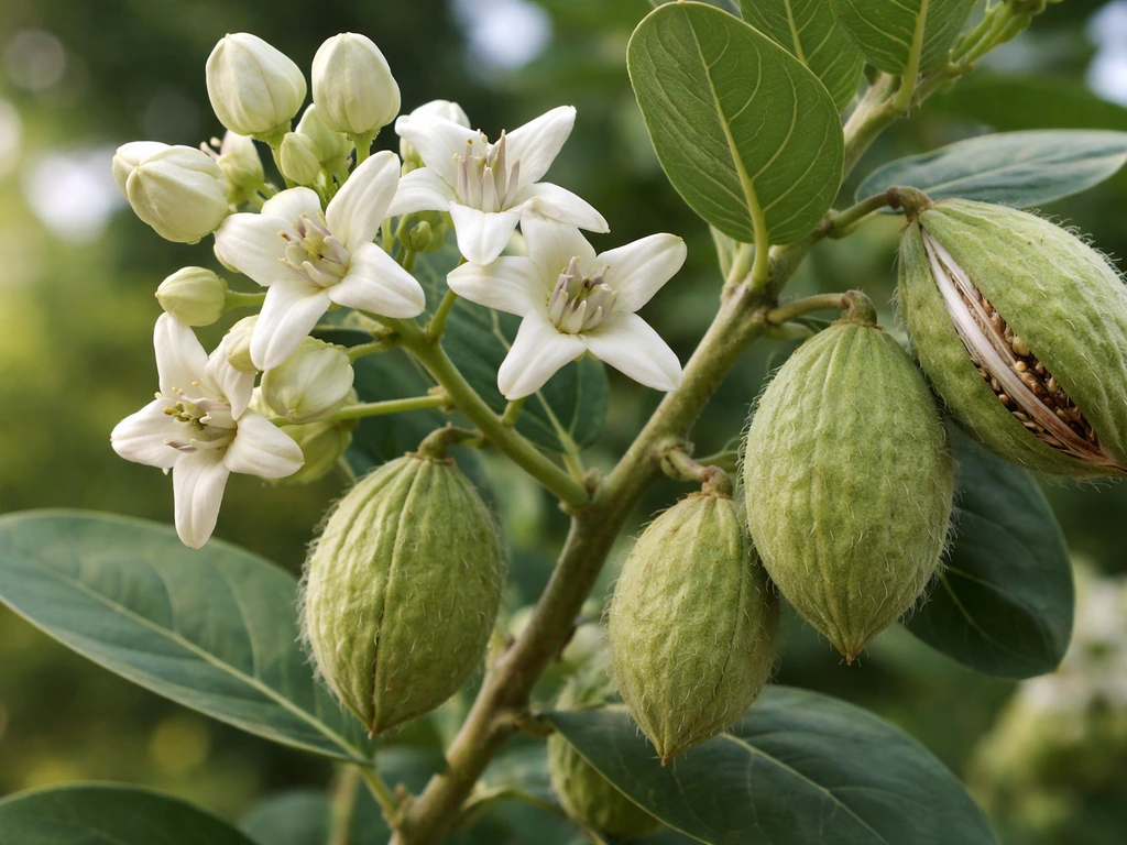 Close-up of a vibrant crown flower branch in bloom with seed pods visible on natural stems.
