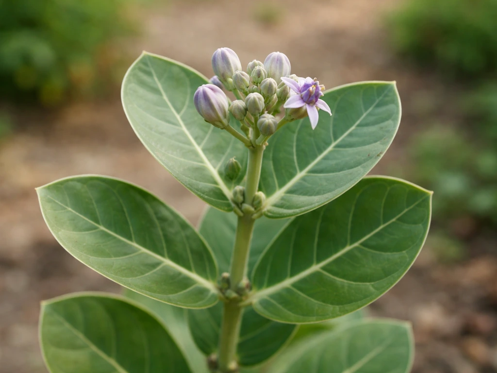 Close-up of a crown flower plant showing thick opposite leaves and a distinctive seed pod/flower.