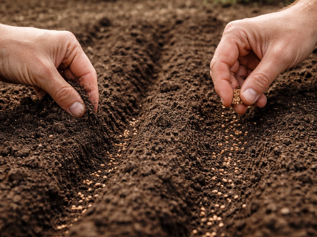 Close-up of hands sowing crown flower seeds into warm soil with visible spacing and light coverage.