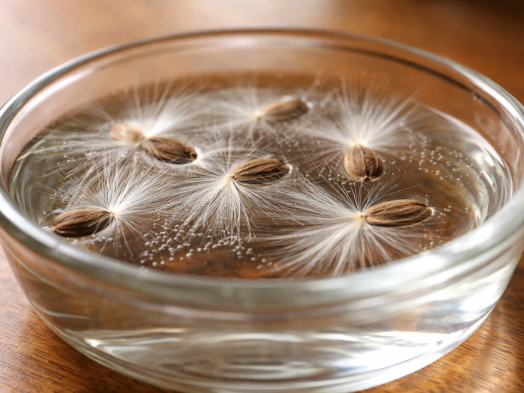 Macro view of flat crown flower seeds with white silk soaking in warm water in a glass dish.