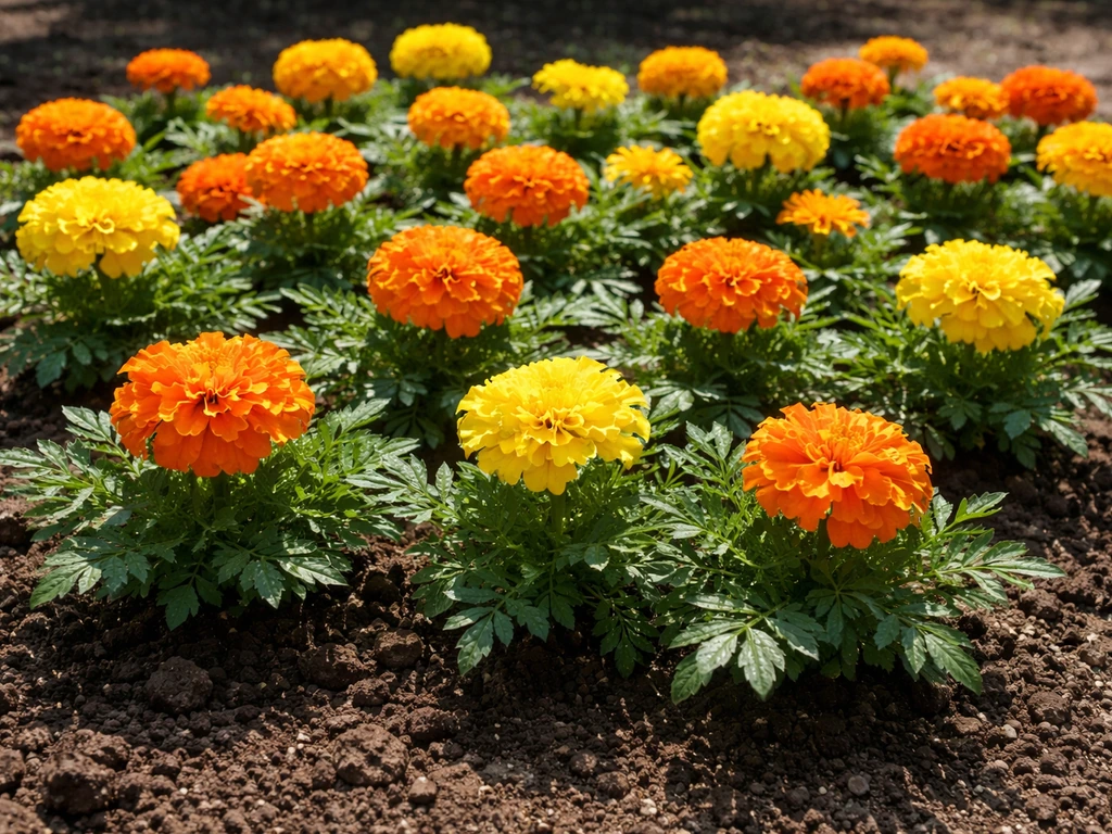 Bright full-sun marigold blooms in a neatly tended garden bed with visible soil and daylight