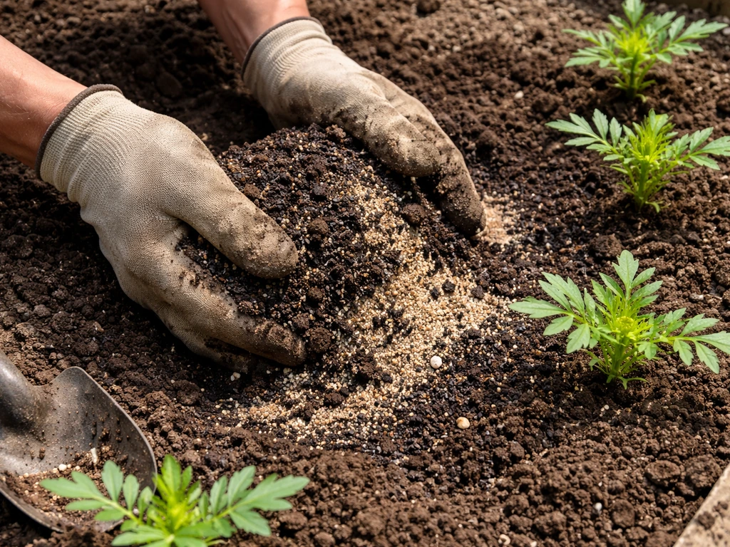Gloved hands mixing compost and coarse sand into marigold planting soil