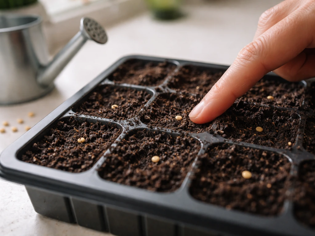 Moistened seed-starting mix in a seed tray with seeds pressed in about 1/4 inch deep.