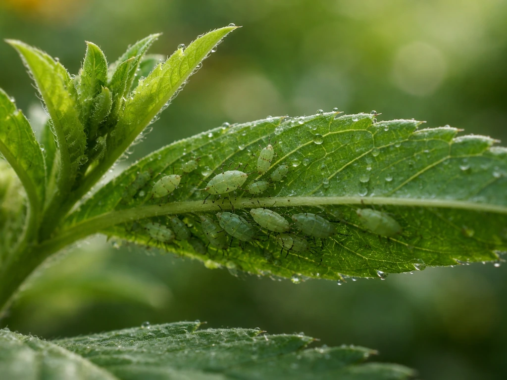 Close-up of aphid clusters on the underside of a marigold leaf with new growth