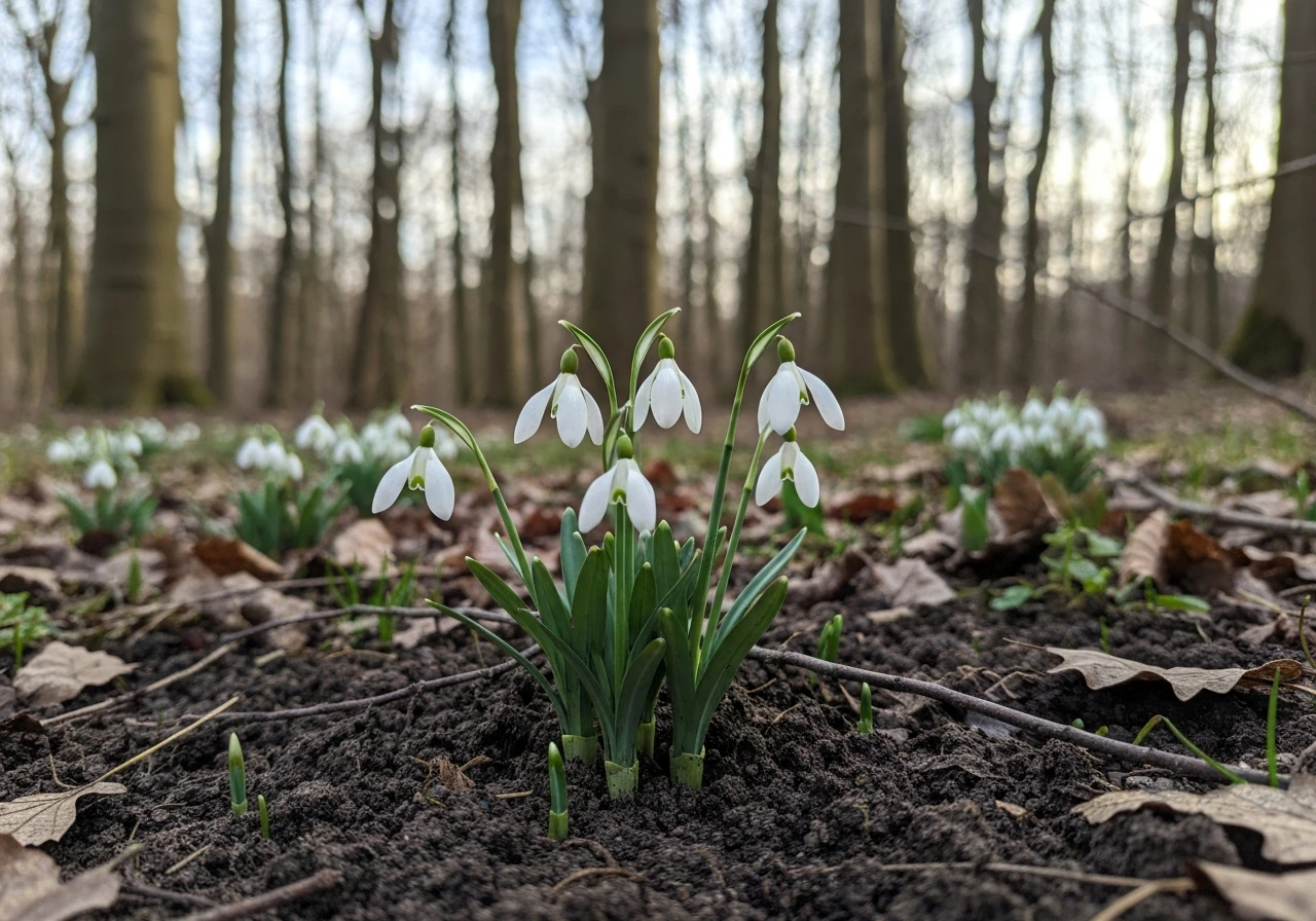 White snowdrops blooming under deciduous trees in soft dappled woodland light.