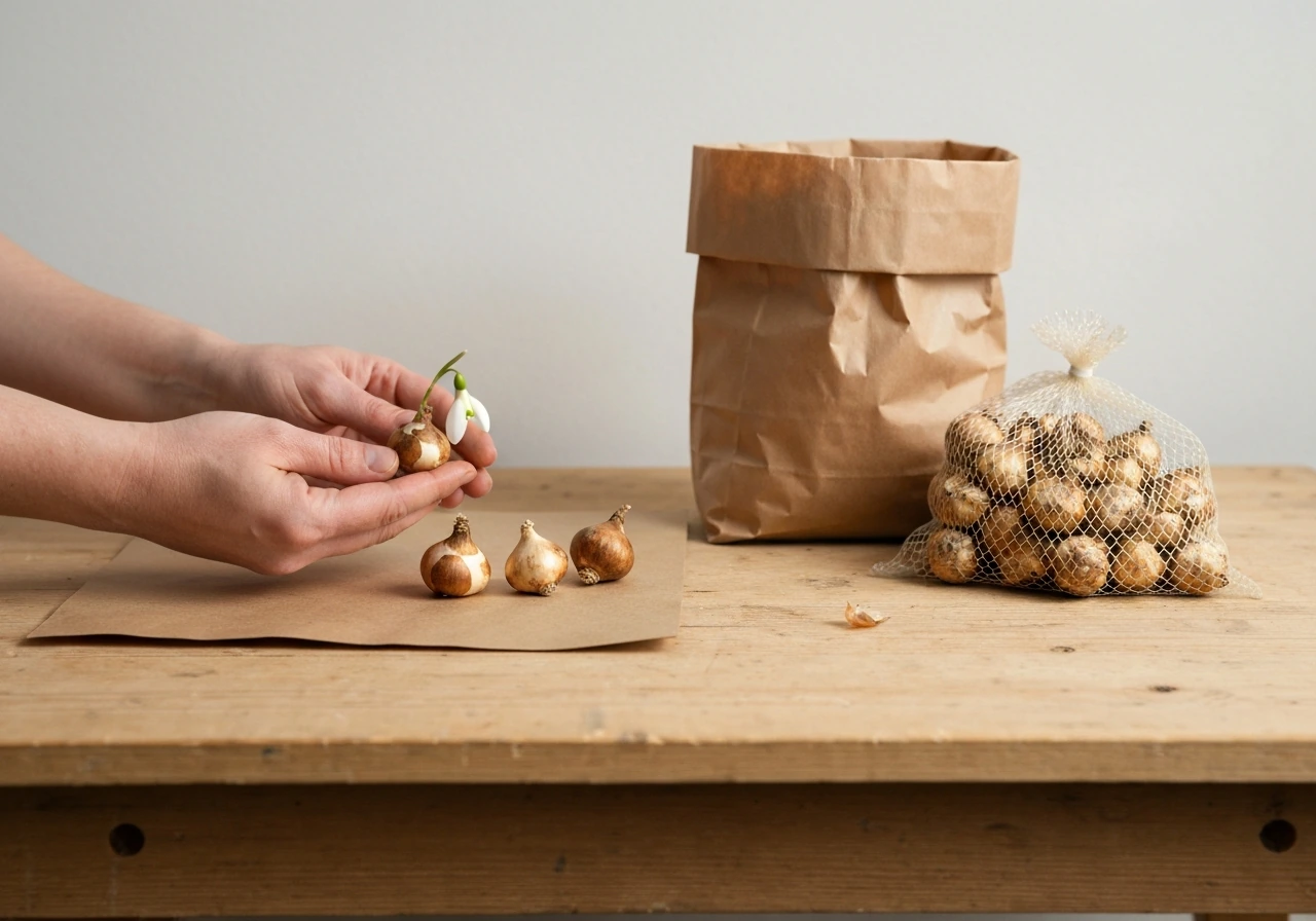 Hands handling snowdrop bulbs beside breathable paper and mesh storage for before planting