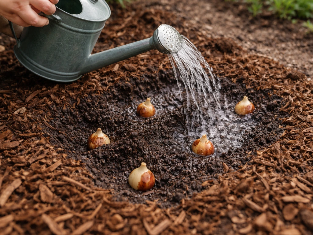 Hand watering newly planted bulbs, with a light leafmould mulch layer spread over the garden bed.