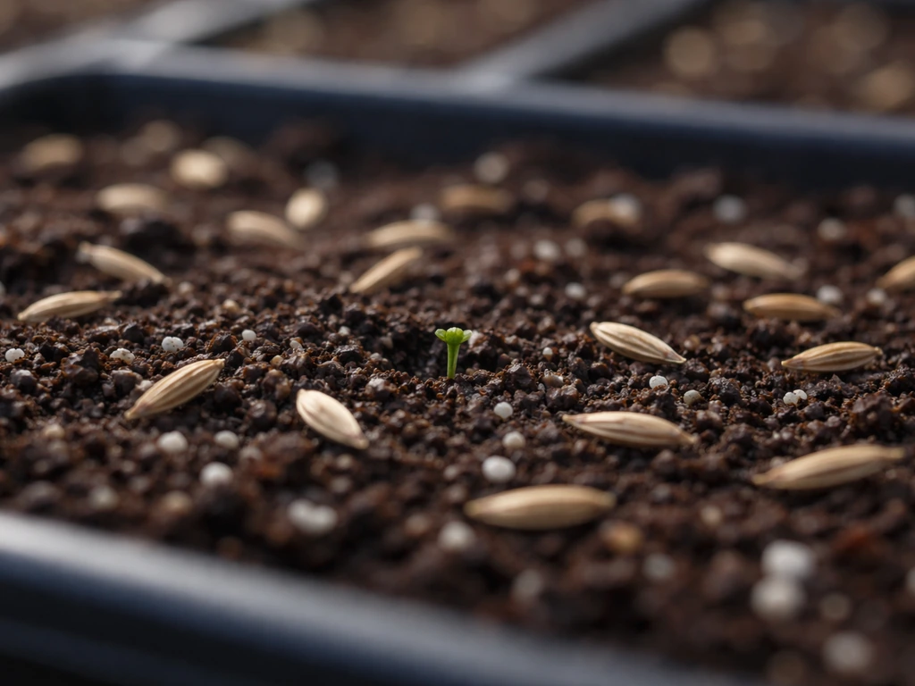 Close-up of chrysanthemum seeds and a tiny sprout emerging from seed-starting mix.