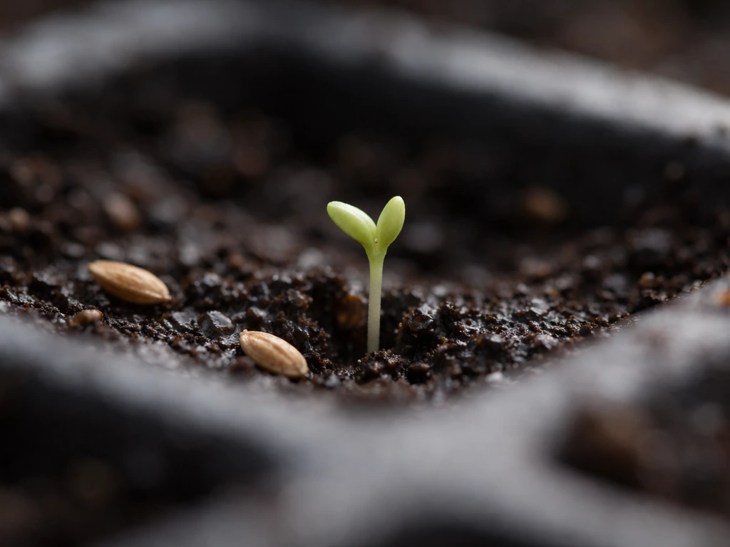 Tiny pale chrysanthemum shoot just breaking through seed-starting mix in a seed tray.