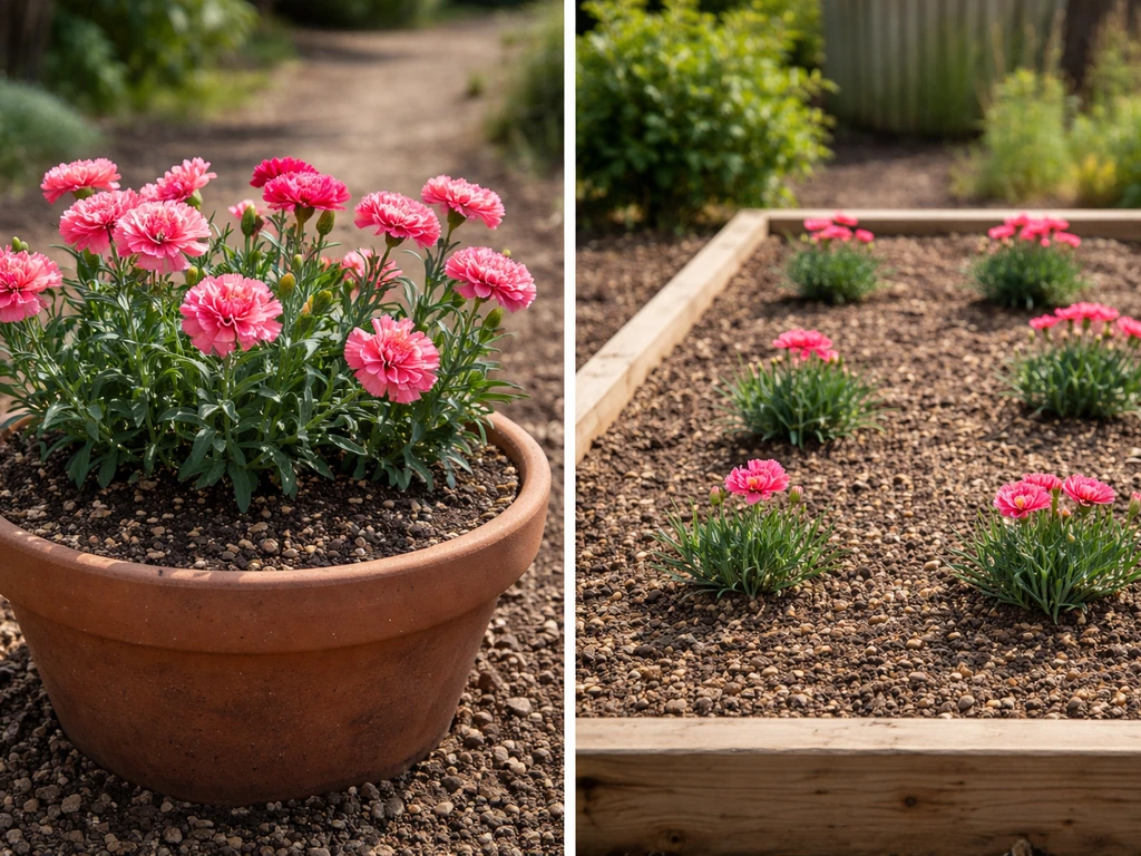 Carnations growing side by side in a pot and a raised bed, showing clear drainage in soil.