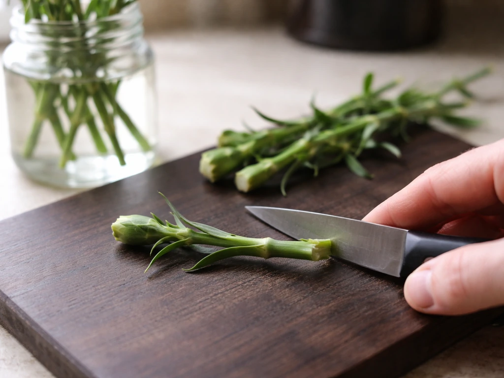 Fresh carnation side cutting trimmed with a clean knife, stems prepared in a simple container