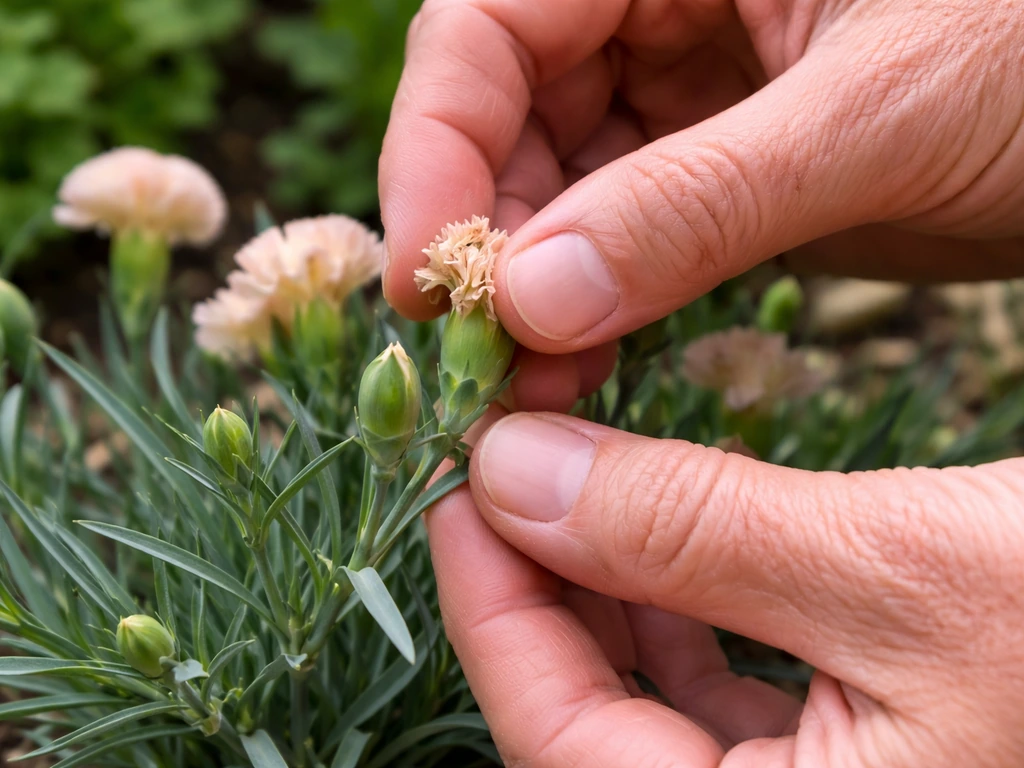 Close-up of hands pinching spent carnation blooms at the node to encourage new flowering.