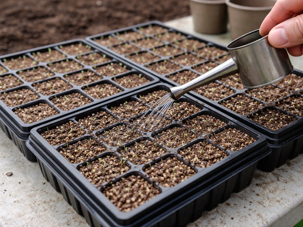 Seedlings in a tray with damp sterile seed-starting mix at the soil line, showing careful water-level sowing.