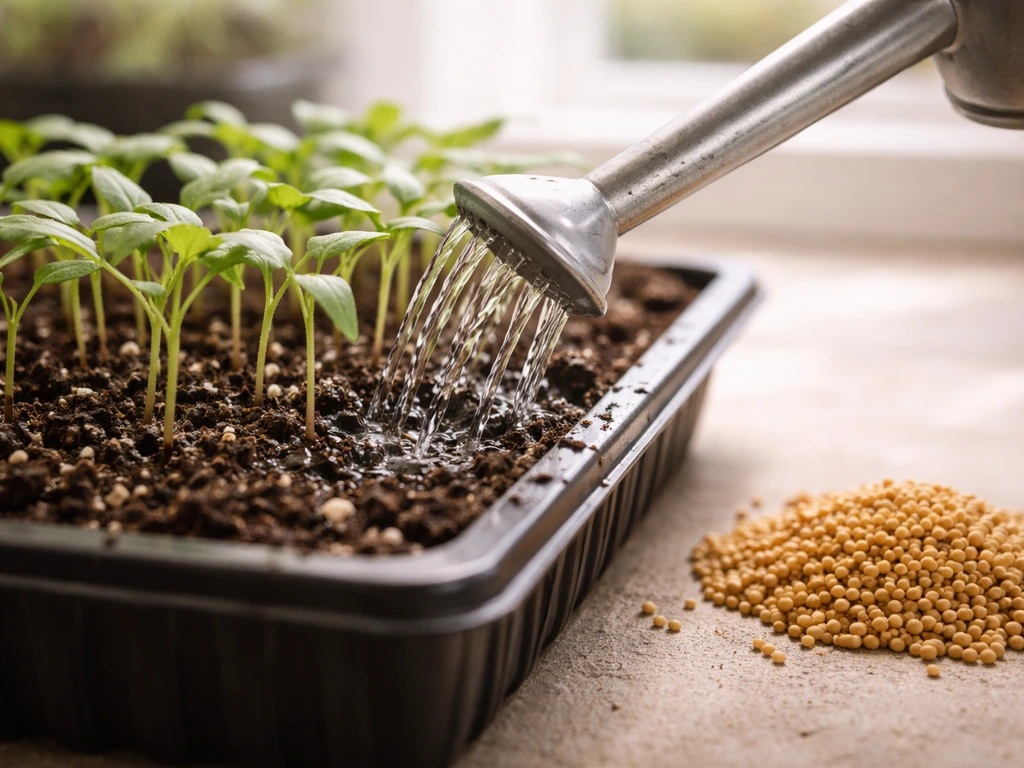 Watering can spout pouring water at seedling soil level with granular fertilizer beside a seedling tray.