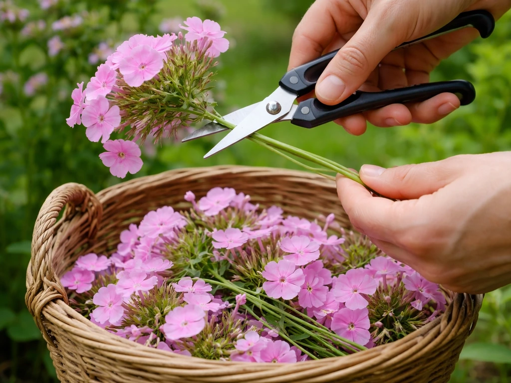 Clean scissors cutting pink flower stems into a bucket of freshly cut blooms in a simple garden.