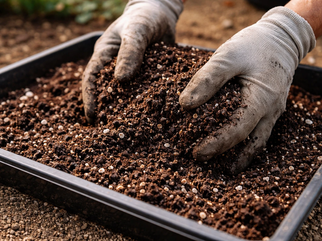 Hands mixing loose compost with coarse amendments in a crumbly, well-draining planting mix