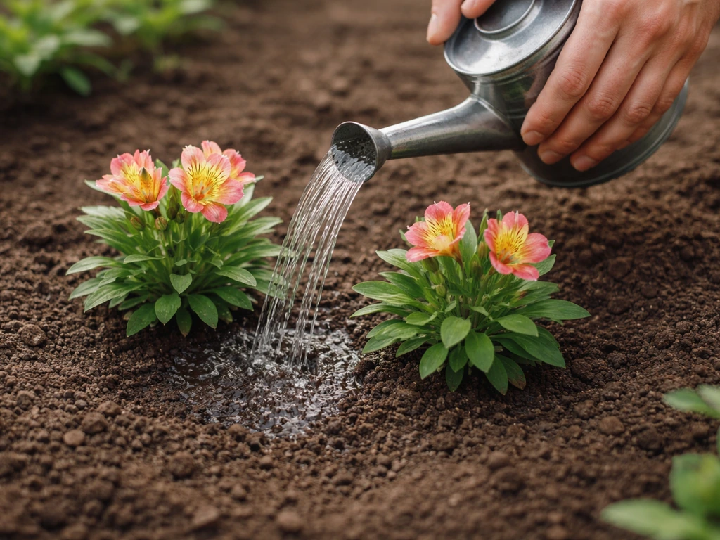 Hands water alstroemeria crowns with a narrow spout, soil moist but not saturated in a minimal garden bed.