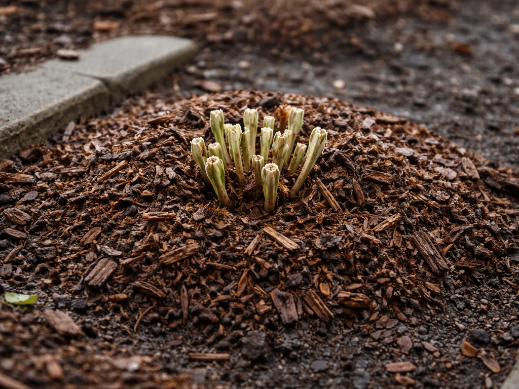 Alstroemeria plant crown covered with thick mulch for winter protection in a simple garden bed.