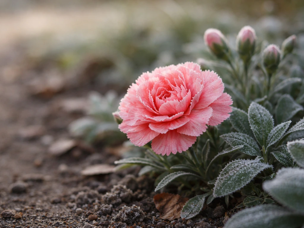 Close-up of a pink carnation bloom in a cool, frost-touched garden bed indicating the right season