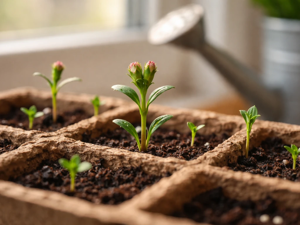 Close photo of carnation seedlings in a seed tray on a windowsill with natural light.