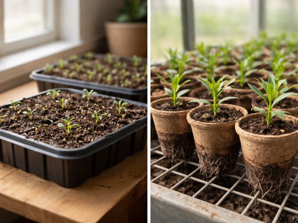 Split image: carnation seedlings in indoor trays vs young nursery transplants in pots ready for planting
