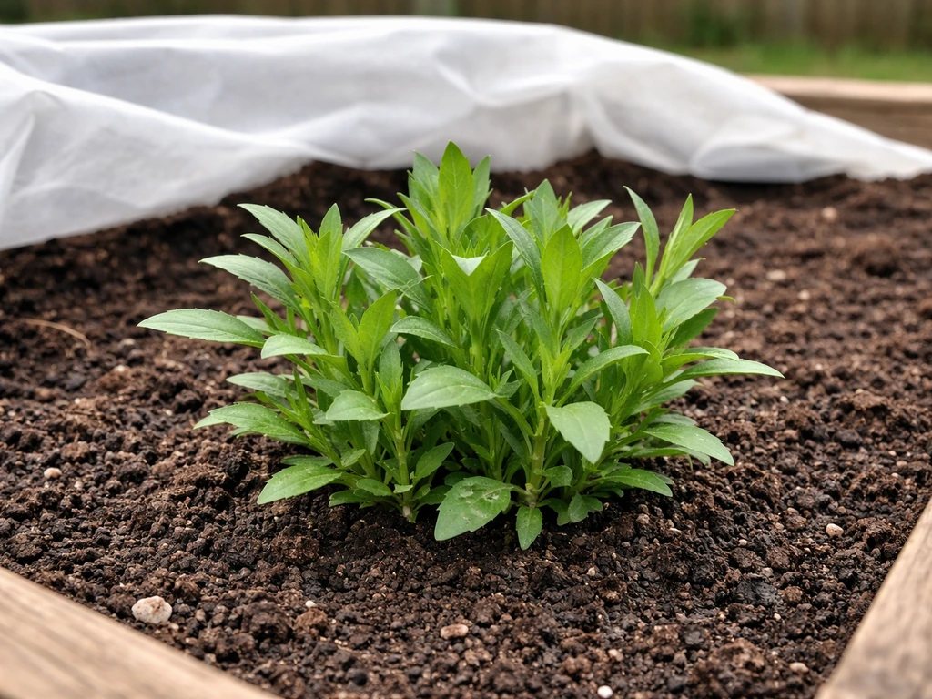 Healthy carnation seedlings in a small garden bed under light row cover with evenly moist, well-drained soil.