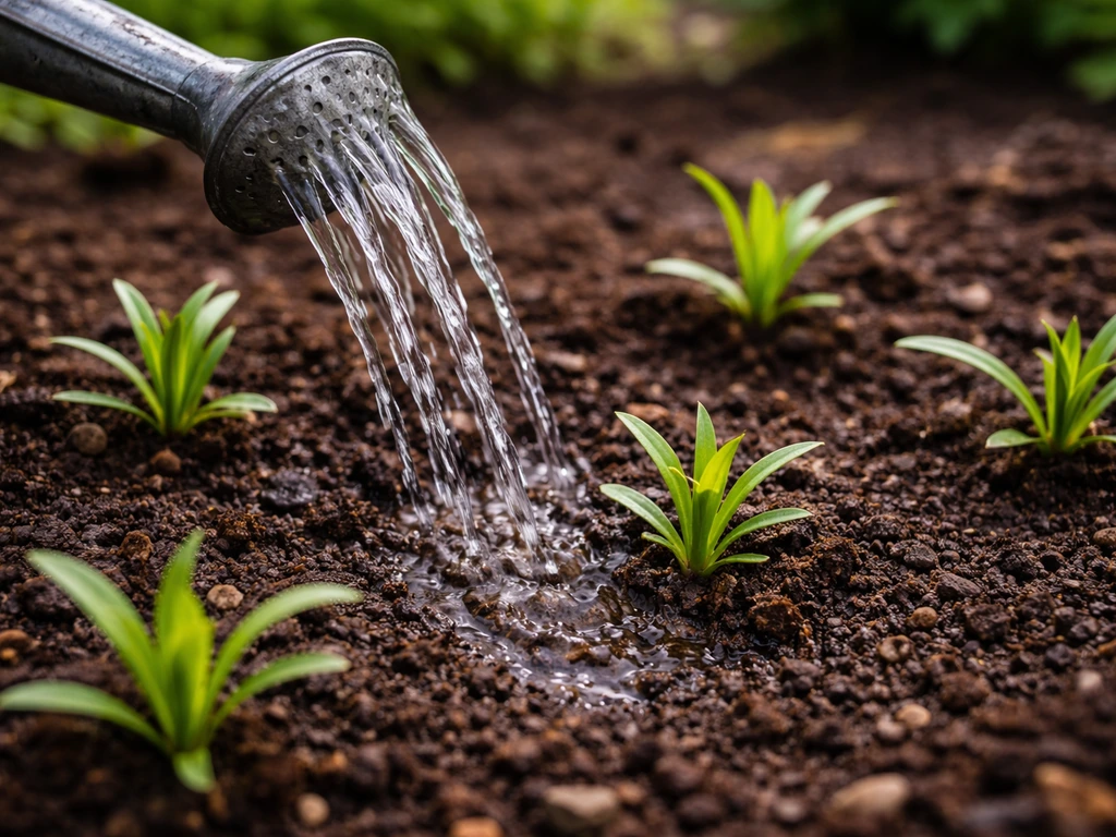 Watering a small garden bed of newly planted carnations so the soil stays moist but not waterlogged.