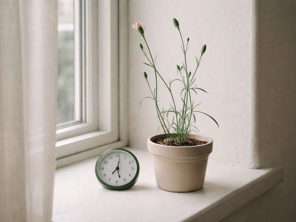 Leggy potted carnations on a windowsill next to a simple timer, suggesting delayed blooms and sunlight checks.