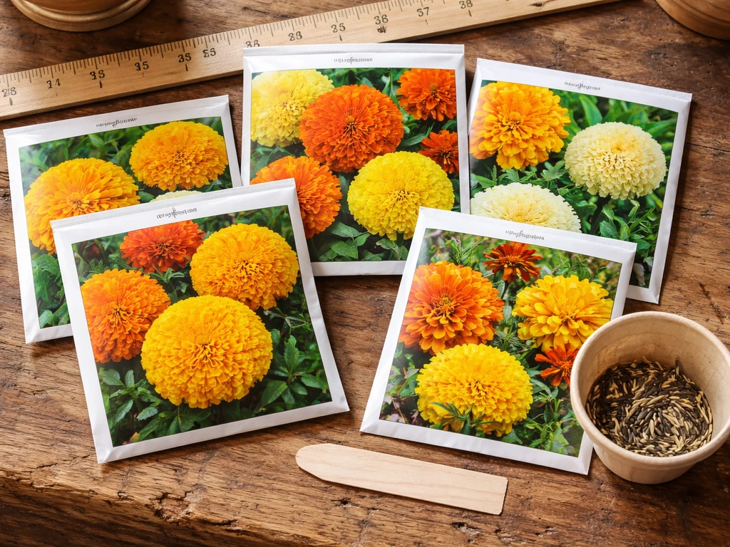 African marigold seed packets and seed selection laid out on a bench