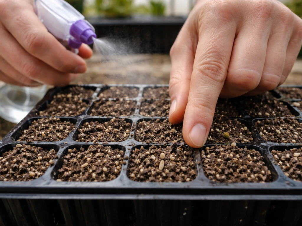Sowing African marigold seeds into cell trays at correct depth