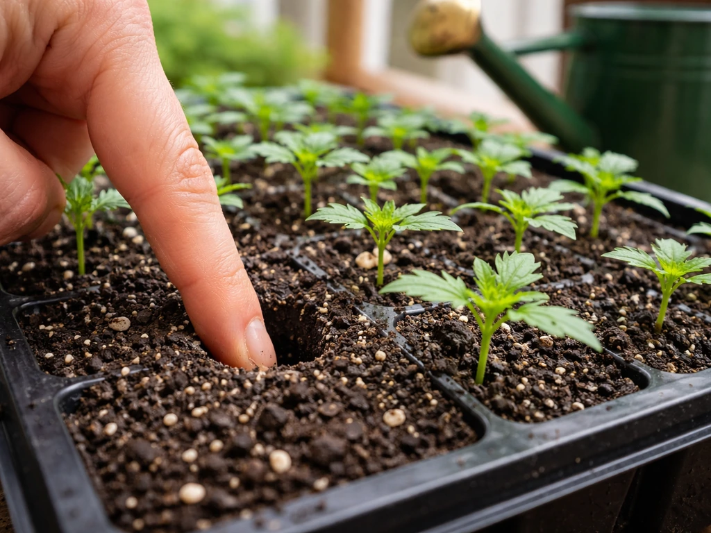 Finger moisture check in a seedling tray before watering