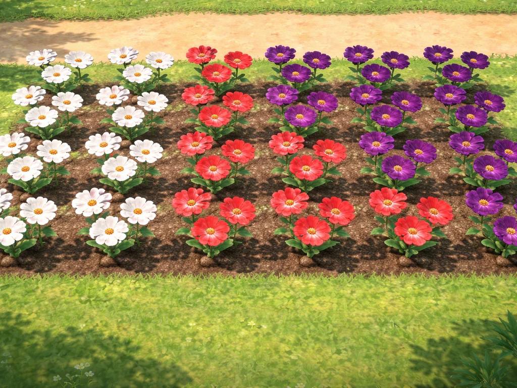 ACNH-style windflower patch with a neat grid of blooms transitioning toward rich purple.