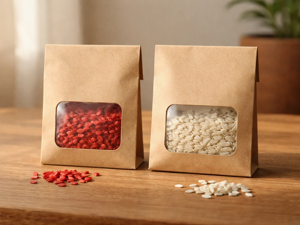 Close-up of red and white windflower seed bags on a wooden table with a few loose seeds.