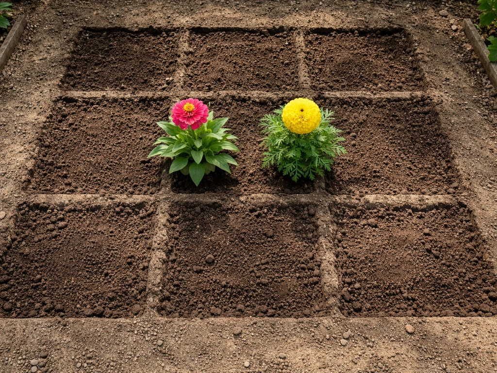 Top-down view of a 3x3 garden planting layout with parent flowers and empty soil tiles around them.