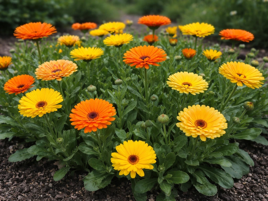 A single calendula bed with mixed orange and yellow blooms growing together in natural light.