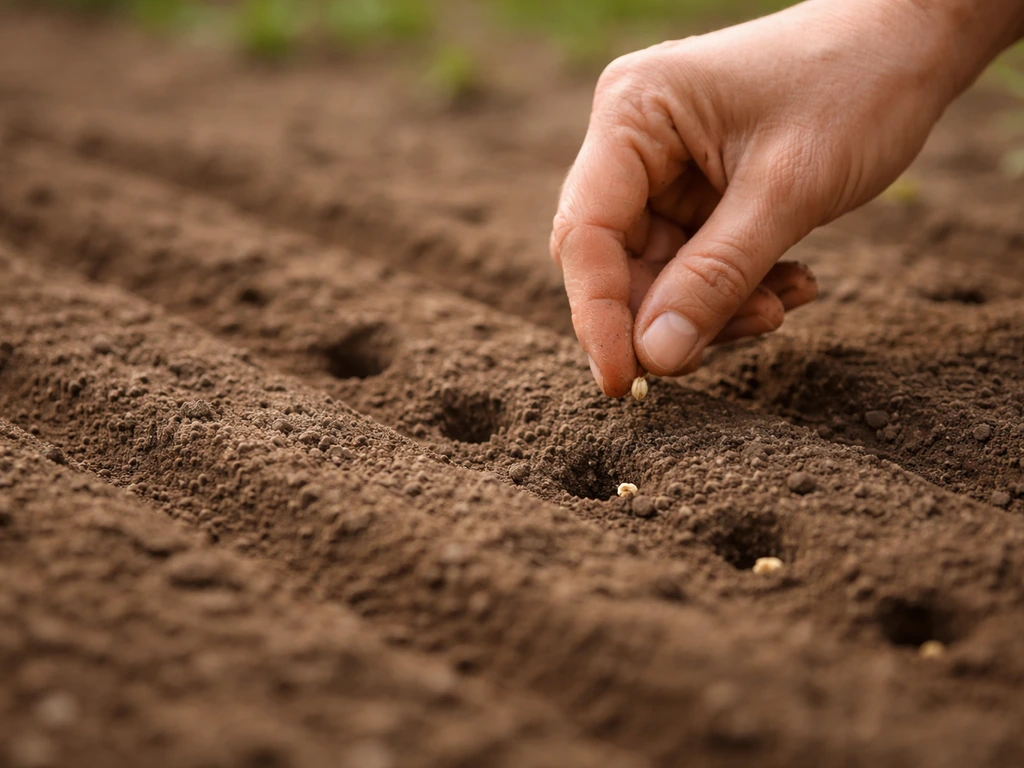 Gardener’s hand placing small calendula seeds into shallow, rake-smooth outdoor soil bed.