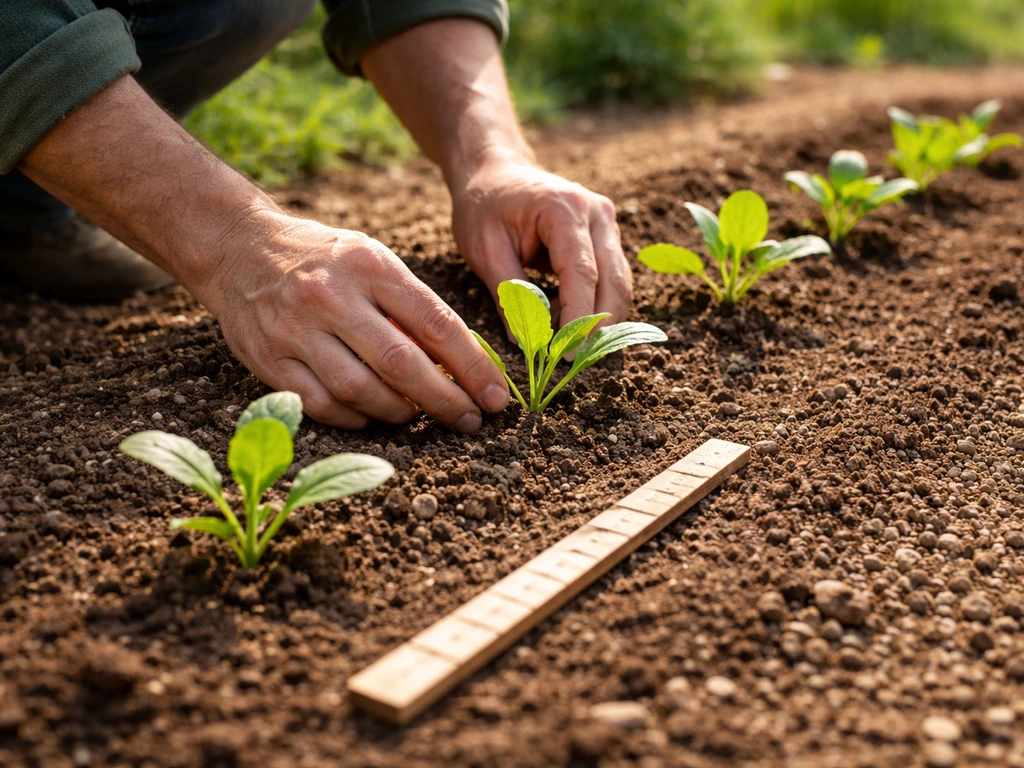Sunlit garden bed showing spaced seedlings in crumbly well-draining soil with a measuring stick for spacing.