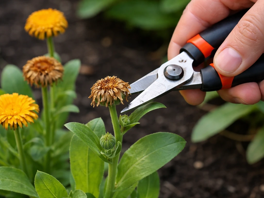 Close-up of hands using garden snips to cut dead calendula flower stems back to side buds.