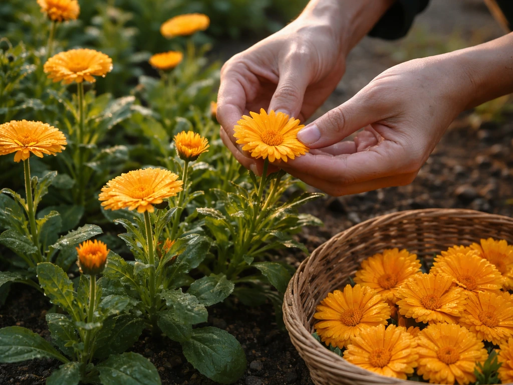 Gardener hands picking fully open dew-bright calendula flowers into a small basket in morning light