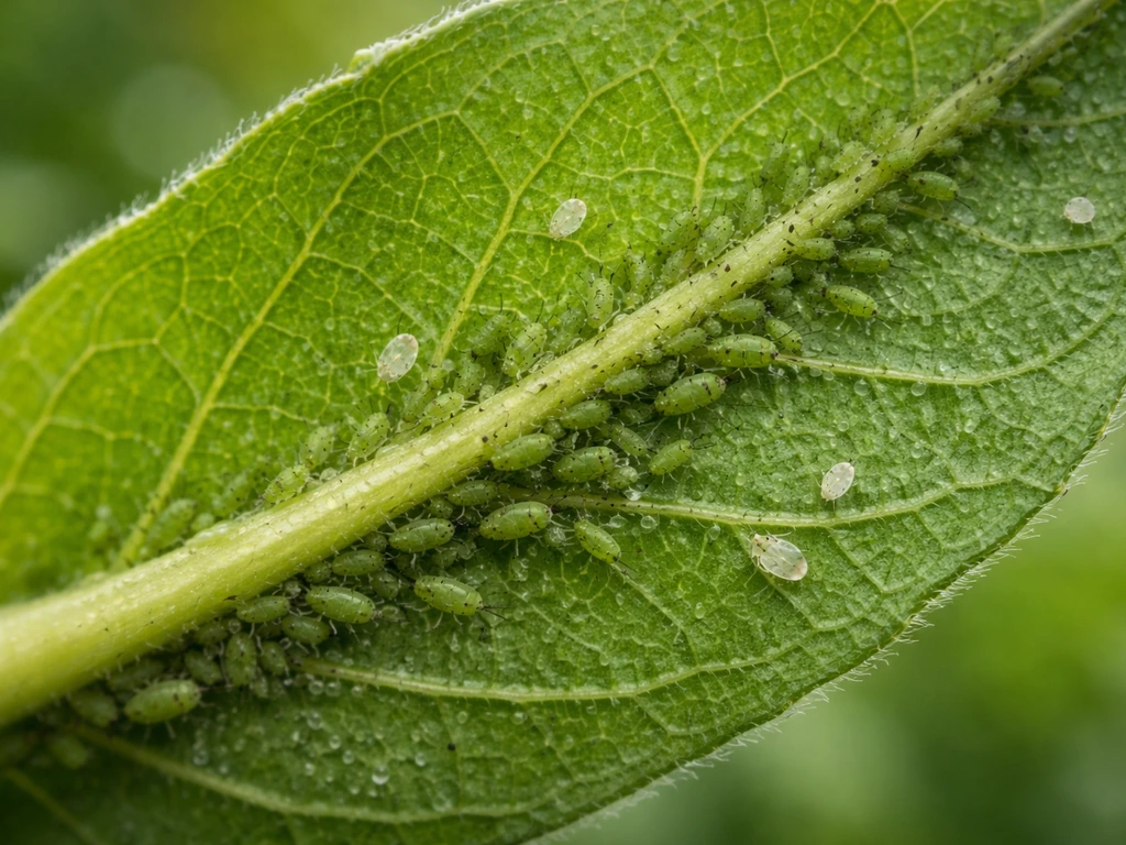 Close-up of a calendula leaf underside showing clusters of aphids and small whitefly activity.