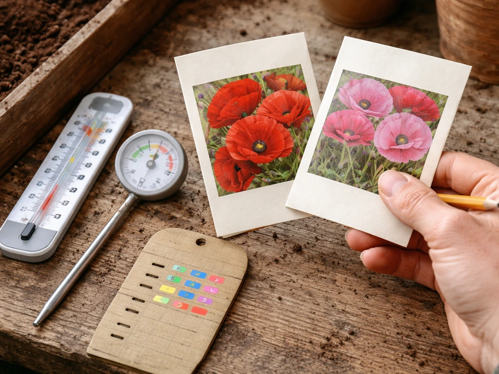 Tools and seed packets on a bench to plan poppy sowing by type and timing