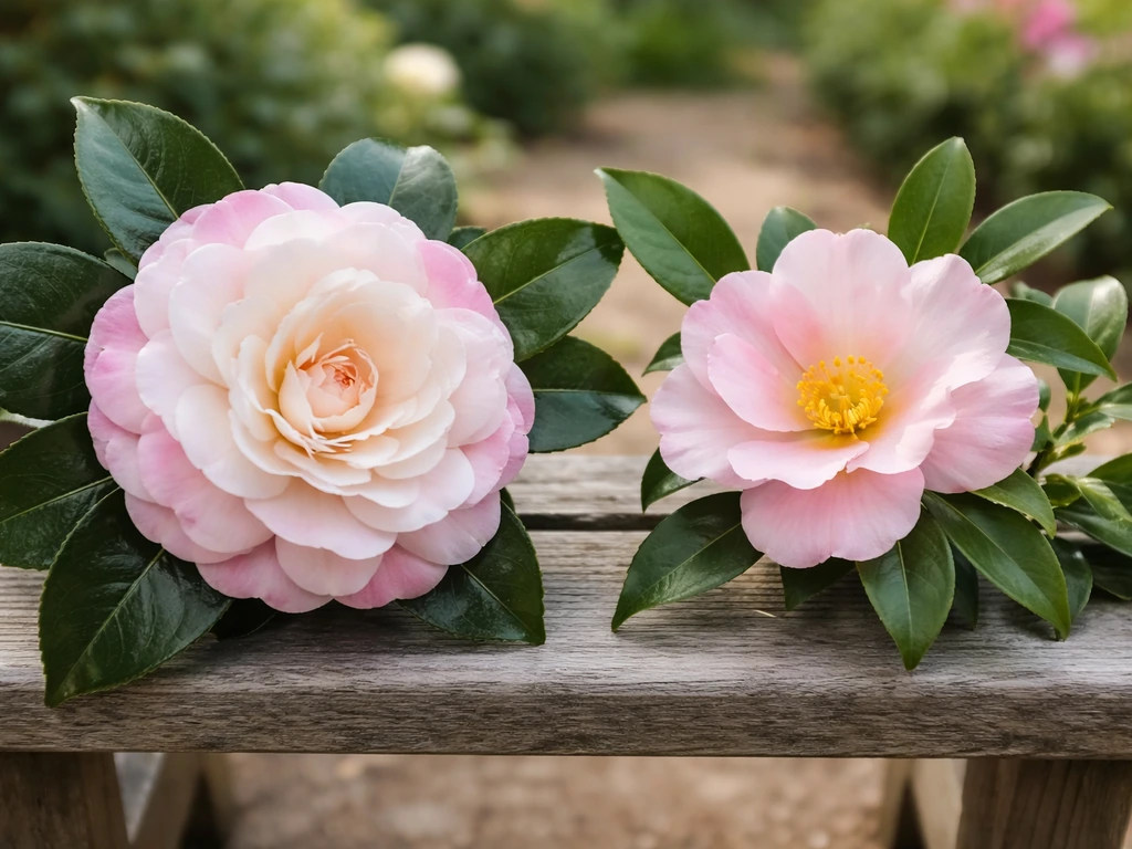 Close-up comparison of two camellia plants showing different blooms and foliage textures in natural light.