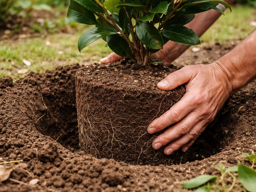 Hands placing a camellia root ball into a dug hole, top slightly above surrounding soil