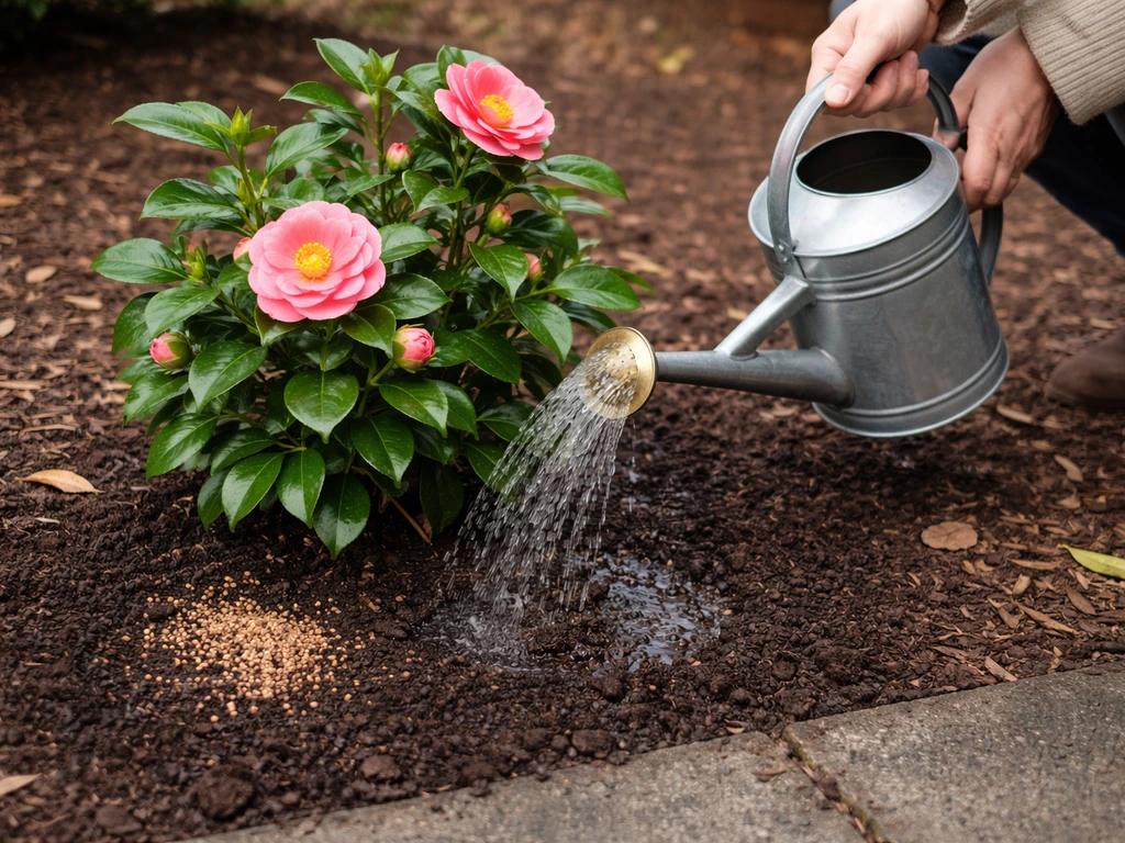 Camellia plant in a garden bed being watered deeply and fertilized with an acidic slow-release product
