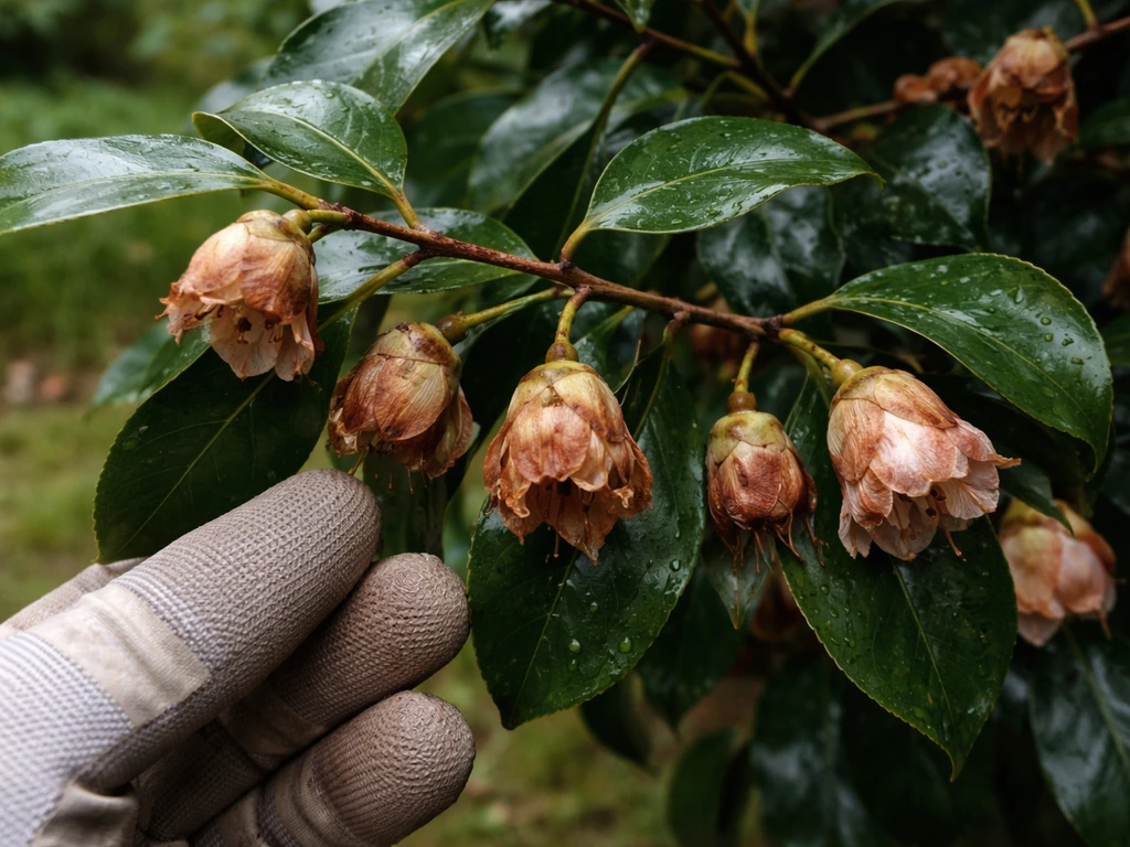 Close-up of camellia buds browning and dropping while a gardener’s gloved hand inspects the plant.