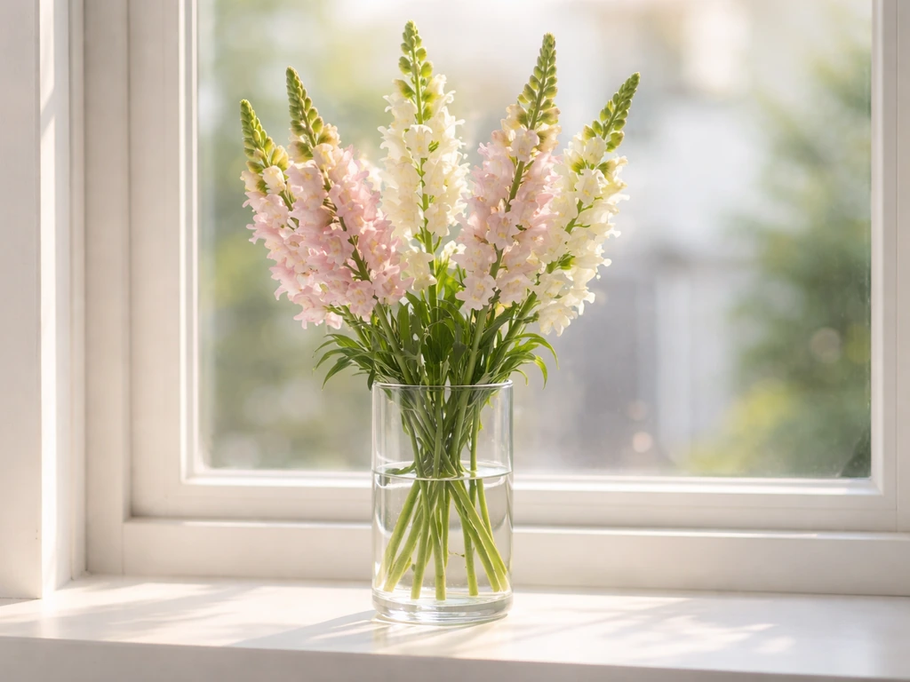 Snapdragon cut flowers in a clear vase by a sunlit window with tall blooming spikes.