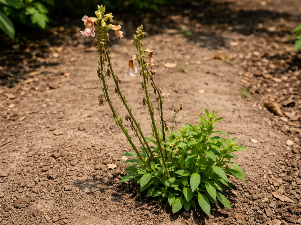Snapdragon plant with leggy straggly stems and fewer blooms in hot sun, minimal garden background.